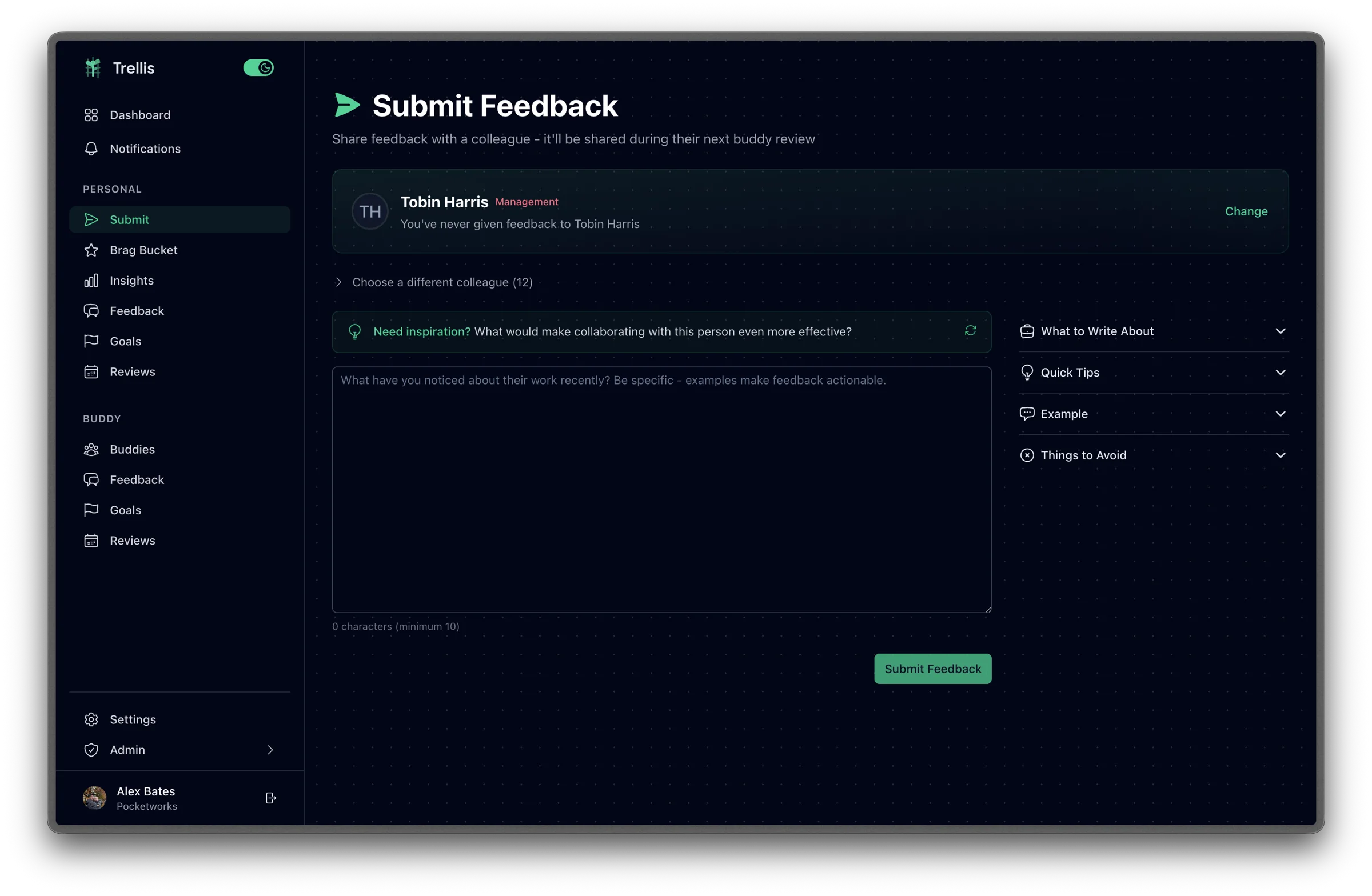 Submit feedback form with prompts and tips sidebar